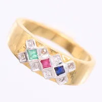 Ring, färgade stenar samt diamanter 5x0,005ct, stl 16½, bredd 3-6mm, 3 diamanter saknas, 18K Vikt: 0 g