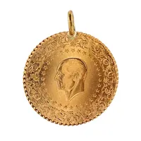 Hänge (mynt-liknade) Atatürk Turkiet, 21K guld, Ø18 mm, längd inkl. ögla 21,5 mm, ögla i oädel metall, fint skick Vikt: 1,8 g