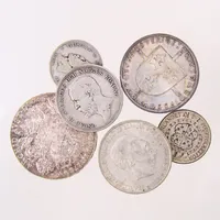 6 mynt, diverse valörer, olika storlekar, silver 800-925/1000.  Vikt: 101,4 g