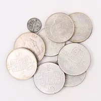 9 mynt, Sverige, olika valörer, silver 400/1000.  Vikt: 133,6 g