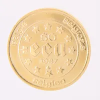 Mynt, 50 ECU-Baudouin, år 1987, Ø29mm, 21K.  Vikt: 17,2 g