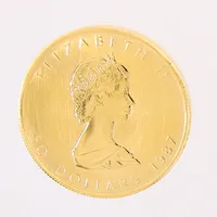 Mynt, Maple leaf Canada, Elizabeth II, Ø30mm, 50 dollars 1987, Fine gold 1oz or Pur, 24K, i etui, 24K.  Vikt: 31,1 g