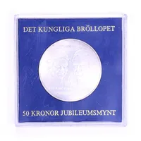 Minnesmynt Konung Carl XVI Gustaf Drottning Silvia, 19 juni 1976, Ø36mm, nominellt värde 50kr, plastetui, silver 925/1000  Vikt: 27 g