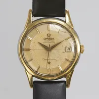 Herrur Omega Constellation " Pie-Pan ", guld på stål, automatisk, 34,5mm, ref: 14393 61 SC, snr: 18310972 ca 1961, Cal. 561, skadat glas, skadad urtavla, troligen utbytt krona, läderband skadat, lås defekt. certifikat. Vikt: 0 g