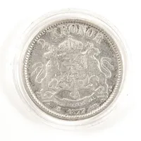 Mynt 2Kr "Oscar II Sveriges och Norges Konung, Brödrafolkens väl 1877", Ø31mm, plastetui, 800/1000 Silver Vikt: 14,6 g