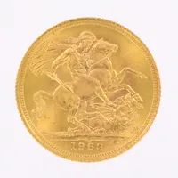 Mynt, Brittisk sovereign, 1963, Ø22mm, 22K Vikt: 8 g