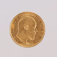 Mynt Sovereign Edward VII 1905 Storbritannien Ø22mm, med repor bruksspår, 21,6K (900/1000)  Vikt: 8 g