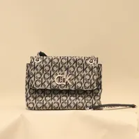 Handväska, Calvin Klein, tyg och läder med monogramdekor, rem av vitmetall, ca 24x18cm, fint skick