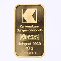 Guldtacka, Kantonalbank Banque Cantonale, nummer: 58843, längd: ca 3,3cm, bredd: ca 18mm, 999,9/1000, 24K 8200 Vikt: 10 g