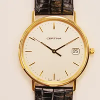 Herrur Certina 18K, 33,5mm, quartz, läderband, garantikort från 12/10-2023, originalask, ytterkartong, oanvänd.