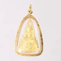 Hänge Buddha, längd: 40mm inkl ögla, bredd: 13-24mm, guldram, plexiglas, okänt material inuti, bucklor/repor på guldramen, 18K, bruttovikt: 8,6g. 