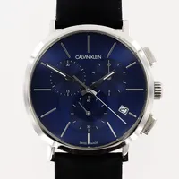 Herrur Calvin Klein, stål, quartz, Ø43mm, blå urtavla, kronograf, datum, ref nr K8Q371, original svart läderband 24,5cm, inga tillbehör.