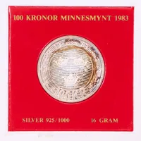 Minnesmynt 100kr, Sveriges Riksdag Helgeandsholmen, 1983, plastetui defekt, 925/1000 silver Vikt: 16 g