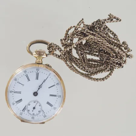 Fickur cylindre 10 Rubis, N122957, diam 33 mm, buckligt, kedja ej guld, 14K Vikt: 31,5 g