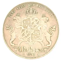 Mynt, 4 riksdaler riksmynt, 1862, åtsidan med Sveriges och Norges Kung Carl XV, frånsidan med stora riksvapnet, Ø39mm, slitage, repor/märken, 750/1000 silver  Vikt: 33,7 g