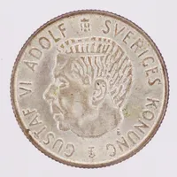 Mynt 2 krona, Gustaf VI Adolf Sveriges konung 1958, Ø31mm, Silver 400/1000 Vikt: 14 g