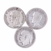 Mynt, tre 1-kronor 1906-1923, silver 800/1000 Vikt: 22,1 g