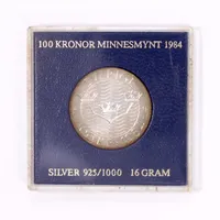 Mynt 100kr minnesmynt 1984, förtroende, säkerhet, nedrustning, etui, silver 925/1000  Vikt: 16 g