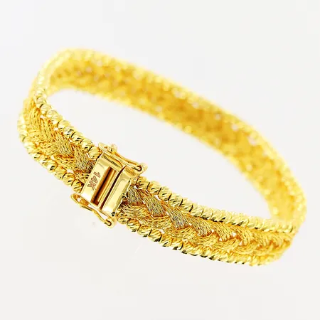 Armband, flätat, 18,5cm, bredd 10mm, 14K Vikt: 15,8 g