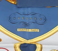 Scarf, Hermès, "Springs" Philippe LeDoux, framtagen 1974, 90 x 90cm, siden, tillverkad i Frankrike. Enstaka mindre fläckar. Originalask-sliten.