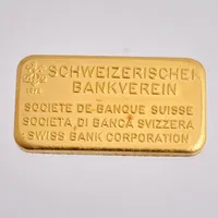 Guldtacka i 24K från Schweizerischer bankverein, 999,9/1000, vikt 100g. 