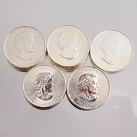 25st 5 dollarsmynt i silver, Maple Leaf, Kanada, 1 oz, ca 31,1g/st, 999/1000, original mynttub, total vikt 780,9g.