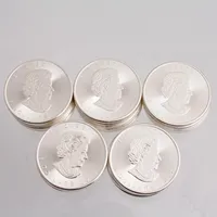 25st 5 dollarsmynt i silver, Maple Leaf, Kanada, 1 oz, ca 31,1g/st, 999/1000, original mynttub, total vikt 778,5g. 