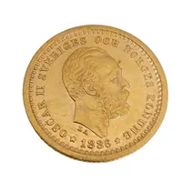 Guldmynt Sverige, 5 Kronor Oscar II 1886, (21,6K guld), Ø16 mm Vikt: 2,2 g
