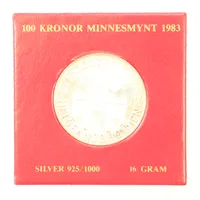 Minnesmynt, Sveriges Riksdag Helgeandsholmen 1983, 100kr, Ø 32mm, plastetui, Silver 925/1000. Vikt: 16 g