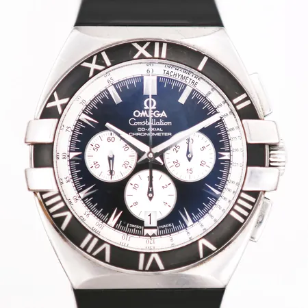 Herrur Omega Constellation Double Eagle, referensnummer 18195191, serienummer 78468485, stål, automat, kaliber: 3313, Ø42mm, gummiband med clasp, certifikat Bergströms Ur 2009, manual, box, ytterkartong, repor, box med mindre materialbortfall, kort gångreserv. i behov av service. Vikt: 0 g