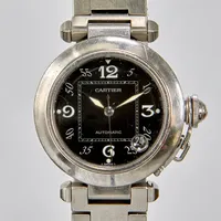 Armbandsur Cartier Pasha, stål, 36mm, ref 2324, serienr 58370CD, automatisk, datum, Cal 049, Stållänk, inga tillbehör.