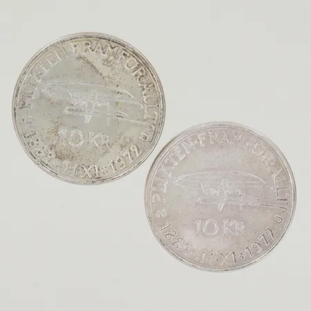 2 st Silvermynt Gustaf.VI 1972, 10kr, silver 83% Vikt: 36 g