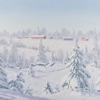 Eric Rhönnstad "Vinterlandskap med hus och snötyngda träd", olja på duk, bildmått 46x55 cm.OBS skickas ej endast avhämtning på Pantbanken Karlstad.  Vikt: 0 g Skickas med postpaket.