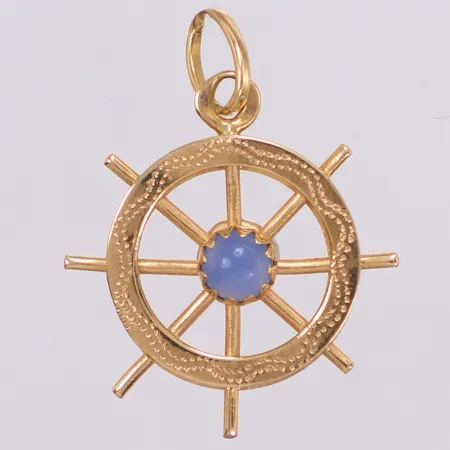 Hänge med ljusblå sten, troligen glas, längd 29,5mm, bredd 21,3mm, 18K Vikt: 2,5 g