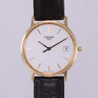 Herrur, Tissot, 18K, quartz, 33mm, refnr H674330, datum, safirglas, gravyr på bakboett, brunt läderband 