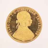 Mynt, 4 Dukat, Franz Josef I, Österrike- Ungern, 1915, Ø40mm, ytslitage, 23K guld. Finns för visning på Pantbanken Kista Vikt: 14 g