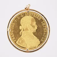 Hänge med Mynt 4 Ducats Franz Joseph I, Österrike 1915, 23,6K, fattning 18K. Finns för visning på Pantbanken Kista Vikt: 17,8 g