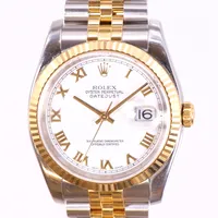 Herrur Rolex Oyster Perpetual Datejust, Ø 36mm, automatisk, datumfönster, guld/stål, safirglas, år 2004, ref: 116233, Serienummer F830970, cal: 3135, verknr. 30578119, boettnr: 2080, oysterlänk guld/stål, total längd ca 19cm, bruksrepor, nagg i glaset vid klockan 12, inga tillbehör  Vikt: 0 g