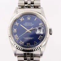 Herrur Rolex Datejust, stål, automatisk, Ø36mm, ref nr 16234,  serie nr P718843, år 2000, verk nr 3 8833405, caliber 3135, boett nr 2080, jubiléelänk, innermått 16cm, små nagg på glas, normalt bruksskick, box, inga övriga tillbehör