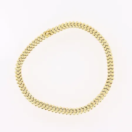 Collier, 41cm, bredd 11mm, ihålig, smärre bucklor, 18K.  Vikt: 33,5 g