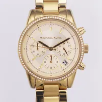 Armbandsur Michael Kors Ritz, Ø37mm, vita stenar, MK-6356, snr 111712, gulfärgat stål, ca 17cm, extralänkar, sparsamt använd, batteribyte, box, instruktionsbok