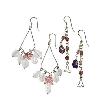 Örhängen, två par, silver, vita, rosa och lila stenar, längd 60 mm / 65 mm Vikt: 9,6 g