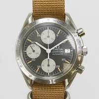 Herrur Omega Speedmaster reduced, stål, automatisk, 39mm, snr: 55112664, ref: 175.00.43/375.00.43, Cal. 1152, kronograf, datum, skadad box, ytterkartong, servicebehov.