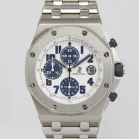 Herrur Audemars Piguet Royal Oak Offshore, stål, automatisk, 42mm, ref: 26020ST.OO.D020IN.01, snr F14342-4630, safirglas, datum, kronograf, stållänk, dubbelviklås, extra länkbitar, certifikat daterat 22/11/05 Milano, 2 sidor, en saknas, manual, box. servicebehov