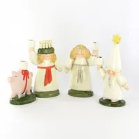 Figuriner Goebel, Lisa Larsson, Luciatåg, Lucia 14,5cm 54 027 14, tärna 13,5cm 54 028 13, , stjärngosse 17cm 54 025 18, julgris 10cm 54 030 08, stearinrester finns kvar