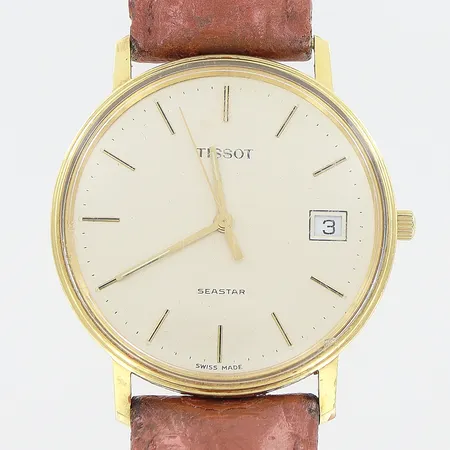 Herrur, Tissot, Seastar, boett i 18K, quartz, Ø33mm, datum, läderband, 23cm, gravyr, urtavla rörlig, tickar ej, repor på glas, defekt band, bruttovikt 32,5gram, inga tillbehör.  Vikt: 0 g