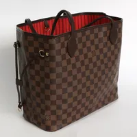 Handväska, Louis Vuitton, Neverfull MM Damier Ebene, N41358, canvas, rödrandigt tygfoder, detaljer i skinn och spännen i gulmetall , AR2164, med clutch, Kvitto Stockholm 2014, dustbag, silkespapper, kartong med band, 