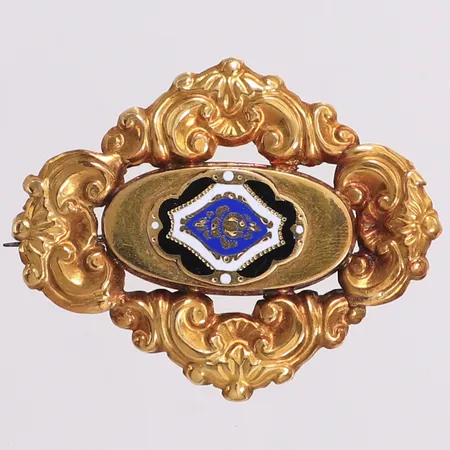 Brosch med emalj, år 1856, kattfotsstämpel, saknar mästarstämpel, längd 37mm, 18K Vikt: 3,5 g