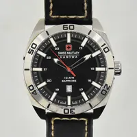 Herrur Hanowa Swiss Military Sapphire, boett Ø42 mm, quartz, stål, datum, läderband, ref 06-4282, swiss made 10128J, behov av batteribyte, slitet läderband, inga tillbehör.