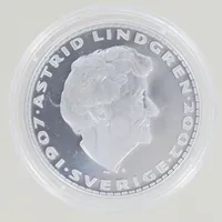 Silvermynt Ø38mm, Astrid Lindgren, Pippi Långstrump 1945, Silver 99,9/1000 Vikt: 26,6 g